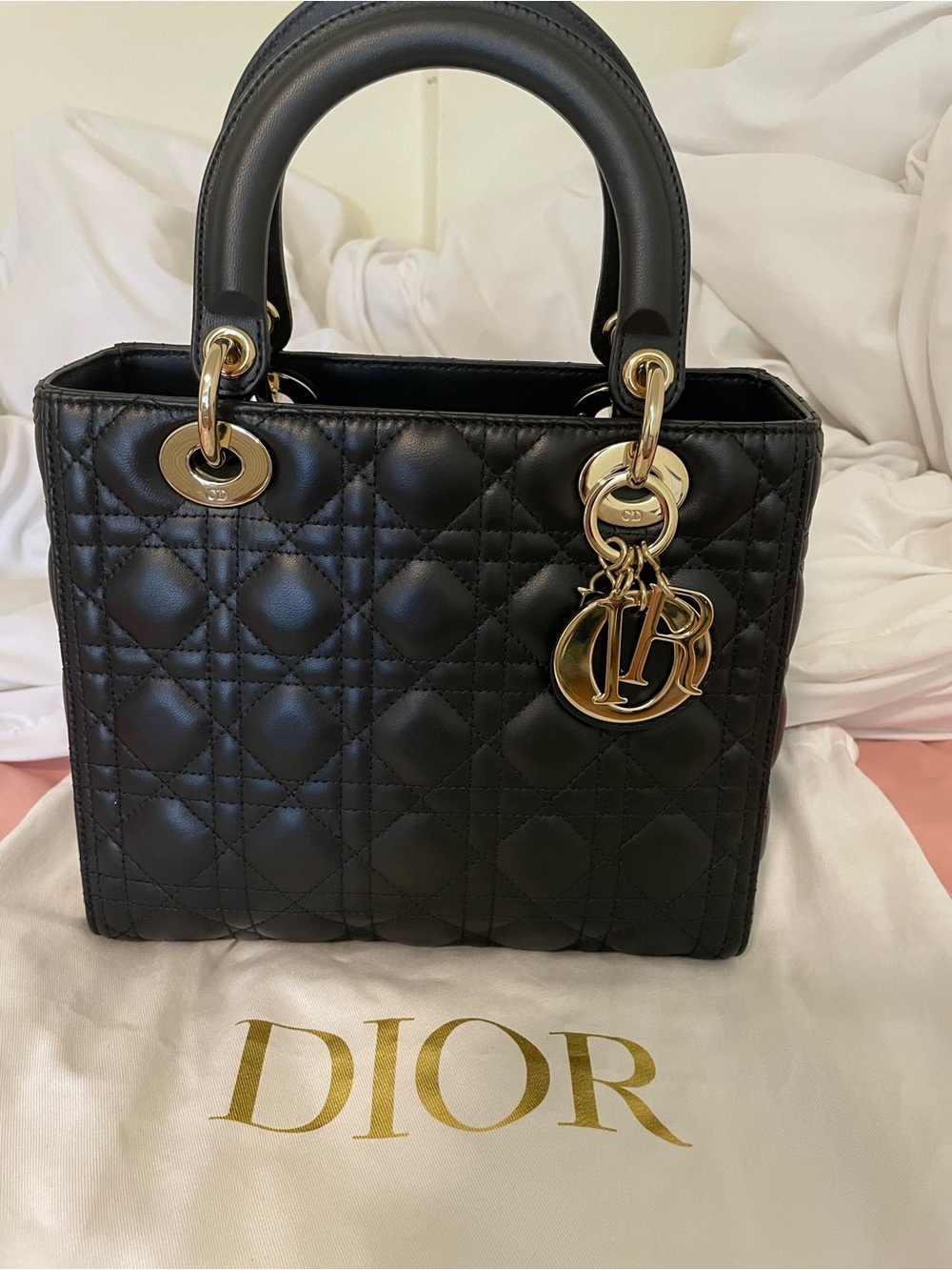 Medium Dior Black Quilted Lady Dior Satchel with Gold Hardware and Charms